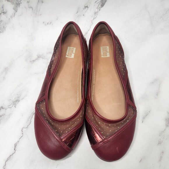 Fitflop Allegria Art Deco Patchwork Red Ballet Flats Leather Slip-On Shoes Size - Picture 2 of 10